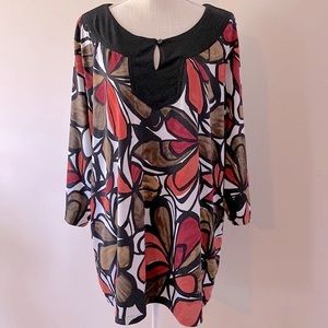 Soft By Avenue women’s plus black brown coral & white jersey knit print tunic